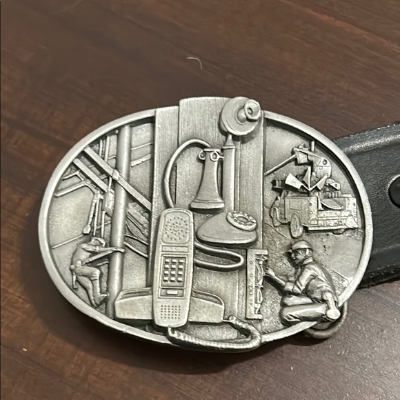 Vintage Siskyou Telephone Lineman Pewter Belt Buckle and Bechmark Black Belt - Picture 2 of 13